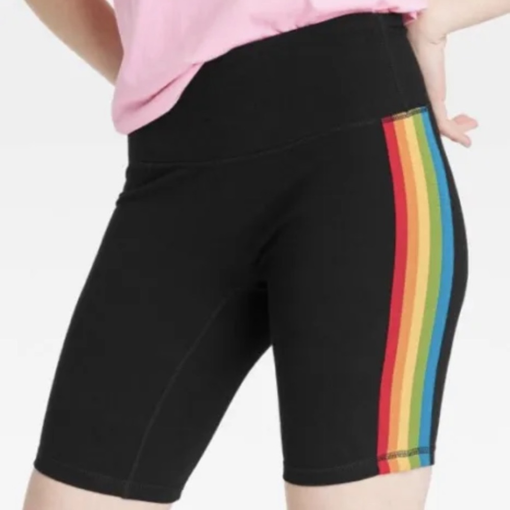 NEW TAKE PRIDE BIKER STYLE SHORTS UNISEX Black Rainbow Accent Stretch GAY PARADE